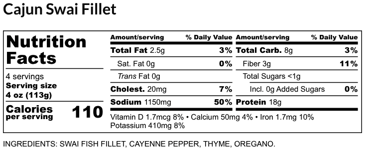 Nutritional Facts - 16oz Cajun Swai Fillet